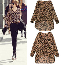 high street fshion women ladies chiffon blouse leopard printed long sleeve high low hem loose tops camisas femininas J4U66
