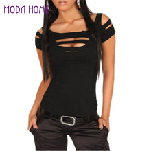 high street sexy camiseta cut out slash neck hole blusas femininas short sleeve ripped top night club women t-shirts J4U66