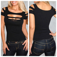 high street sexy camiseta cut out slash neck hole blusas femininas short sleeve ripped top night club women t-shirts J4U66