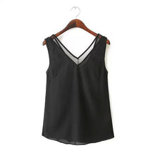 high street womens tops tanks chiffon v neck wtih mesh trim sleeveless solid sexy blouse women vest blusa feminina black white J4U66