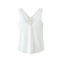 high street womens tops tanks chiffon v neck wtih mesh trim sleeveless solid sexy blouse women vest blusa feminina black white J4U66