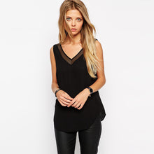 high street womens tops tanks chiffon v neck wtih mesh trim sleeveless solid sexy blouse women vest blusa feminina black white J4U66