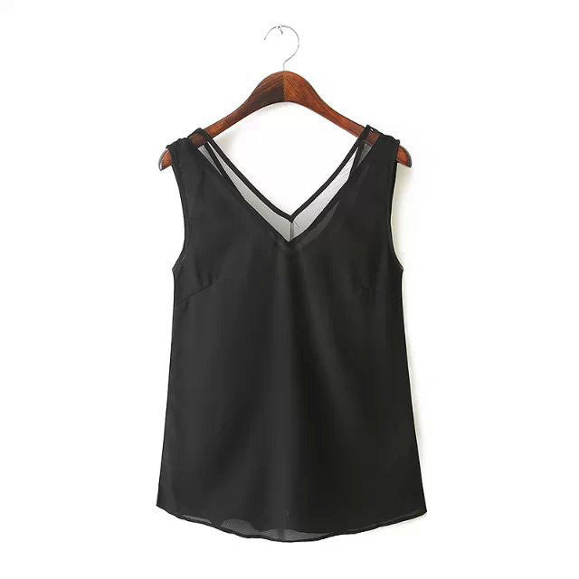 high street womens tops tanks chiffon v neck wtih mesh trim sleeveless solid sexy blouse women vest blusa feminina black white J4U66