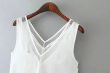 high street womens tops tanks chiffon v neck wtih mesh trim sleeveless solid sexy blouse women vest blusa feminina black white J4U66