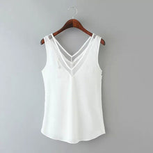high street womens tops tanks chiffon v neck wtih mesh trim sleeveless solid sexy blouse women vest blusa feminina black white J4U66