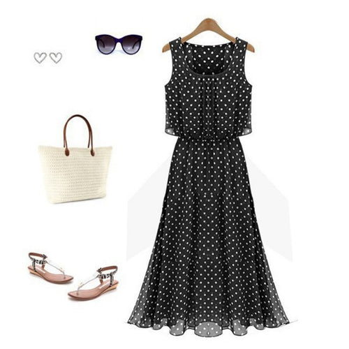 boho women chiffon sleeveless pleated long maxi dress polka dot dresses sundress J4U66