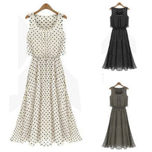 Boho Chiffon Sleeveless Pleated Long Maxi Dress Polka Dot Dresses Sundress J4U66