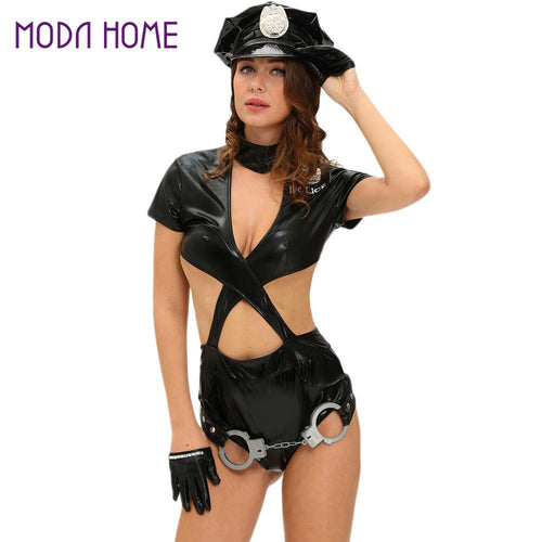 exotic women sexy cop halloween uniform set pcs policewoman sets v neck cross cutout leathery jumpsuit cosplay cop costume J4U66