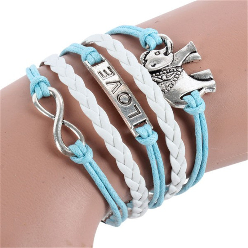 Infinity Braid Love Elephants Chain Leather Charm Plated Silver DIY Bracelet J4U66