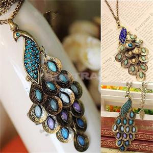 Trendy Peacock Long Colorful Crystal Necklaces & Pendants For Women J4U66