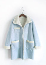 korea style coat women suede fleece lining pockets turn down collar fur long sleeve warm jacket outerwear overcoat J4U66