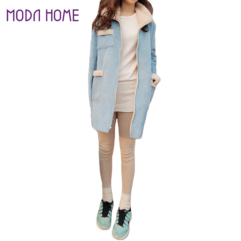 korea style coat women suede fleece lining pockets turn down collar fur long sleeve warm jacket outerwear overcoat J4U66
