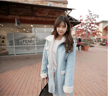 korea style coat women suede fleece lining pockets turn down collar fur long sleeve warm jacket outerwear overcoat J4U66