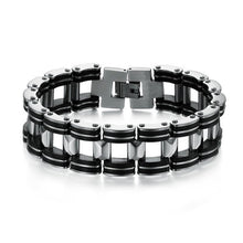 Men Silver Stainless Steel Bracelets Black Rubber Motorcycle Biker Chain Link Bracelet  J4U66