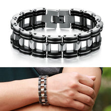 Men Silver Stainless Steel Bracelets Black Rubber Motorcycle Biker Chain Link Bracelet  J4U66