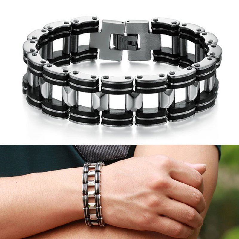 Men Silver Stainless Steel Bracelets Black Rubber Motorcycle Biker Chain Link Bracelet  J4U66