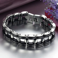 Men Silver Stainless Steel Bracelets Black Rubber Motorcycle Biker Chain Link Bracelet  J4U66