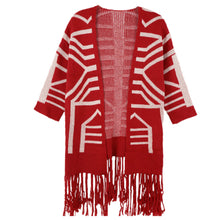 knitted cardigans casual women sweater open front geometric pattern tassel loose tops women outerwear red J4U66
