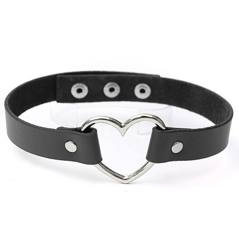 punk women ladies gothic leatherchoker heart chain spike rivet buckle collar necklace J4U66
