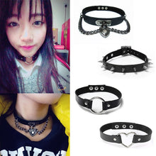 punk women ladies gothic leatherchoker heart chain spike rivet buckle collar necklace J4U66