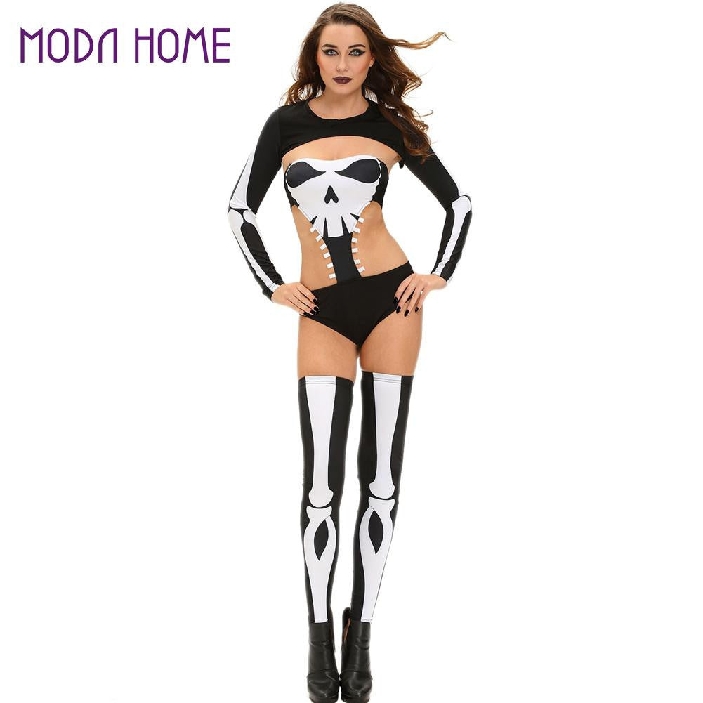 scary halloween costumes for women three pieces set human skeleton backless cosplay squelette costume cut out skull clothing J4U66