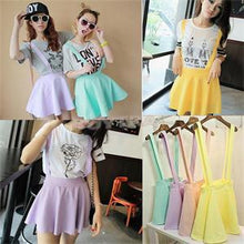 Women Suspender Skirt Pastel Skater Flared Pleated Mini Dress Belt Waist J4U66