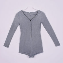sexy women v neck button long sleeve jumpsuit bodycon rompers shorts bodysuit J4U66