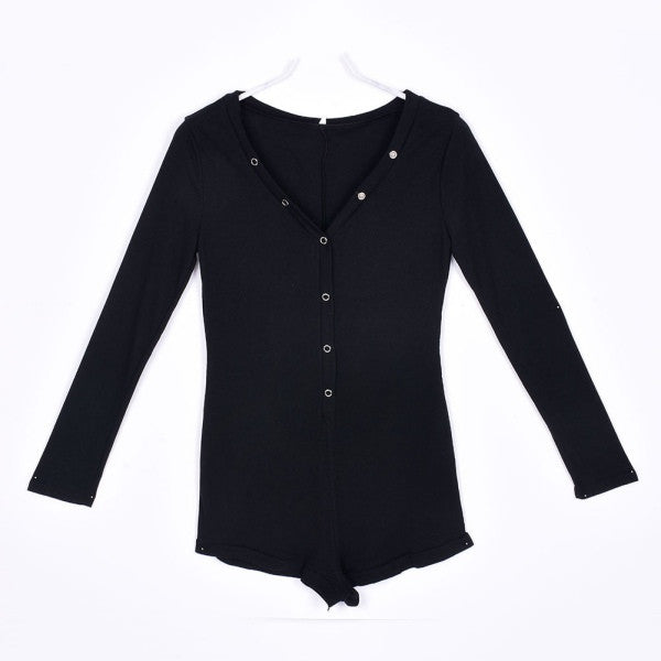 Sexy V-Neck Button Long Sleeve Jumpsuit Bodycon Rompers Shorts Bodysuit J4U66