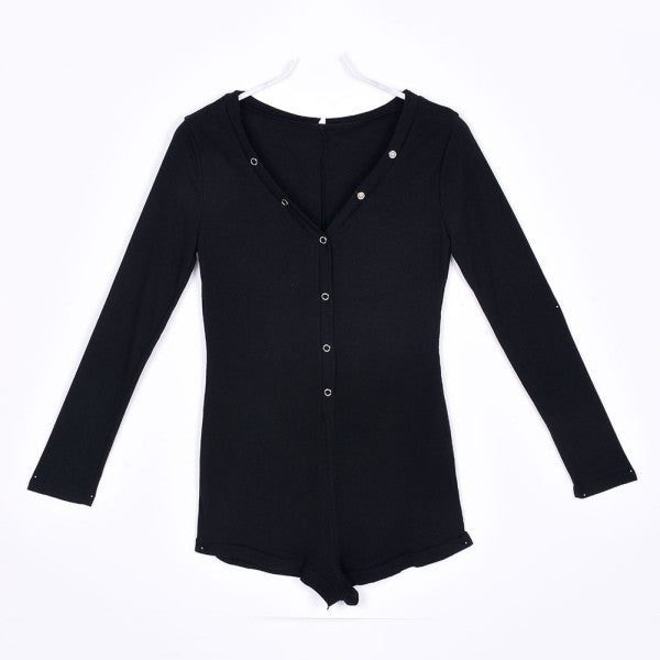 sexy women v neck button long sleeve jumpsuit bodycon rompers shorts bodysuit J4U66