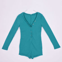Sexy V-Neck Button Long Sleeve Jumpsuit Bodycon Rompers Shorts Bodysuit J4U66