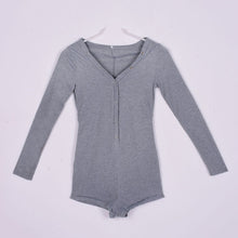 Sexy V-Neck Button Long Sleeve Jumpsuit Bodycon Rompers Shorts Bodysuit J4U66
