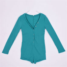 Sexy V-Neck Button Long Sleeve Jumpsuit Bodycon Rompers Shorts Bodysuit J4U66
