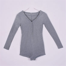 sexy women v neck button long sleeve jumpsuit bodycon rompers shorts bodysuit J4U66