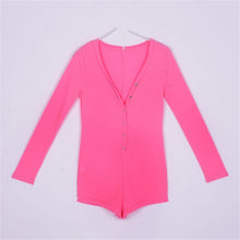 Sexy V-Neck Button Long Sleeve Jumpsuit Bodycon Rompers Shorts Bodysuit J4U66