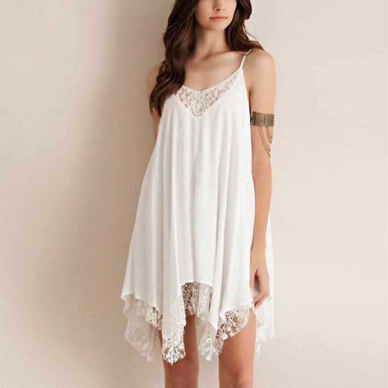 Women's Lace Sleeveless Short Dress Beach Dress V Neck Mini Dress S-XL J4U66