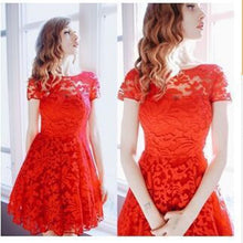Women Floral Lace Dress Short Sleeve Party Casual Color Blue Red Black Mini Dresses Vestidos J4U66