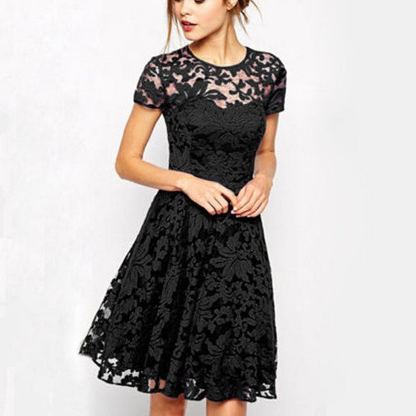 Women Floral Lace Dress Short Sleeve Party Casual Color Blue Red Black Mini Dresses Vestidos J4U66