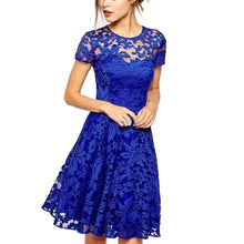 Women Floral Lace Dress Short Sleeve Party Casual Color Blue Red Black Mini Dresses Vestidos J4U66