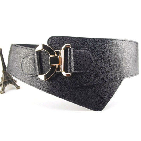 Women's Metal Buckle Waist Belt Faux Leather Elastic Wide Waistband J4U66
