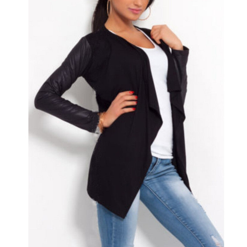 Womens PU Leather Sleeve Irregular Sweater Cardigan Casual Knit Coat Outwear PY5 J4U66