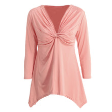womens plus size fashions t-shirts knot tunic top v neck long sleeve sexy top solid slim casual tee white pink vestiti J4U66