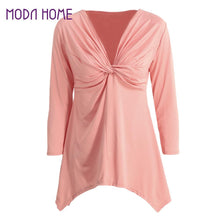 womens plus size fashions t-shirts knot tunic top v neck long sleeve sexy top solid slim casual tee white pink vestiti J4U66