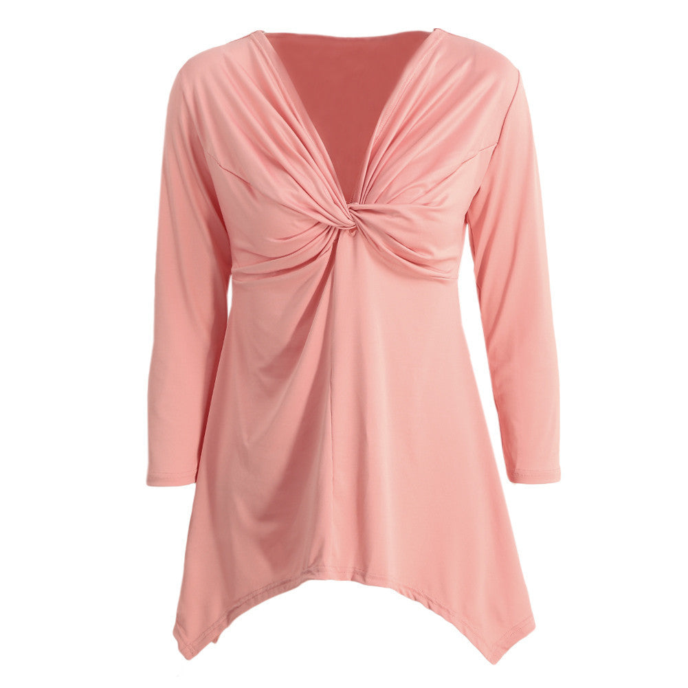 womens plus size fashions t-shirts knot tunic top v neck long sleeve sexy top solid slim casual tee white pink vestiti J4U66