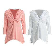 womens plus size fashions t-shirts knot tunic top v neck long sleeve sexy top solid slim casual tee white pink vestiti J4U66