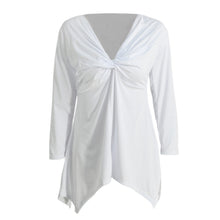 womens plus size fashions t-shirts knot tunic top v neck long sleeve sexy top solid slim casual tee white pink vestiti J4U66