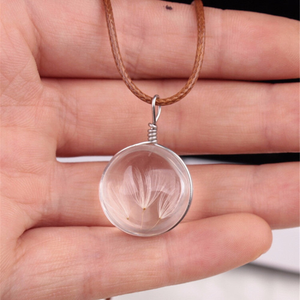 Real Dandelion Jewelry Crystal Glass Ball Dandelion Necklace Long Strip Leather Chain Pendant Necklaces For Women J4U66