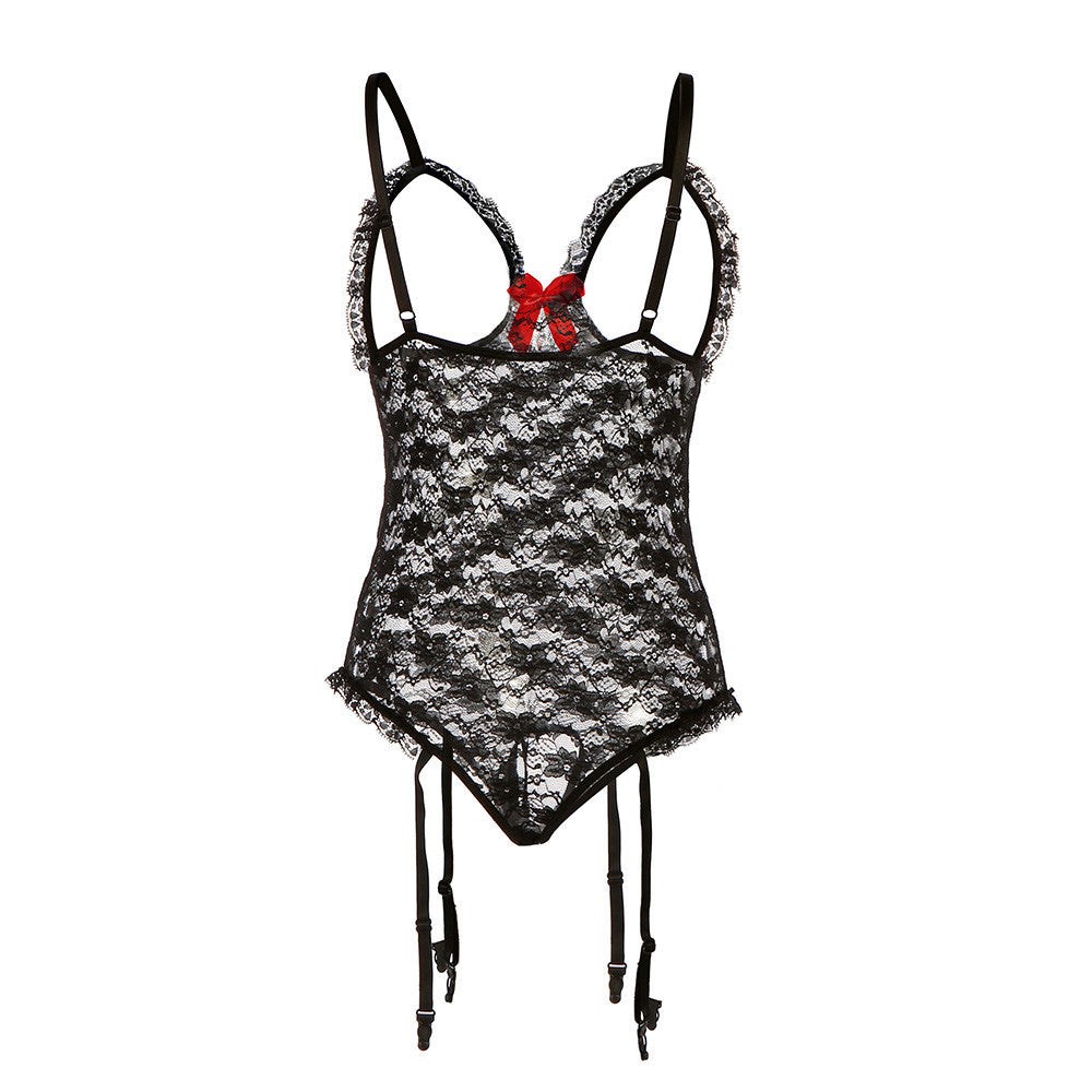 sexy lingerie open breast Coquette Sheer Dot Mesh Lace Trim Garter Bra Set Black main image 0