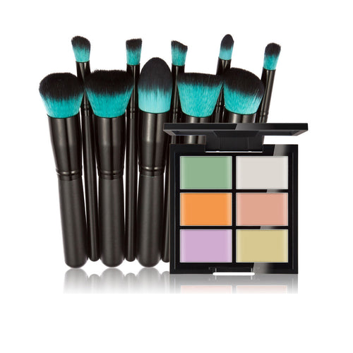 6-Color Concealer Primer +10 Black Handle With a Blue Head Makeup Brush Cosmetic Tools maquiagem- J4U66