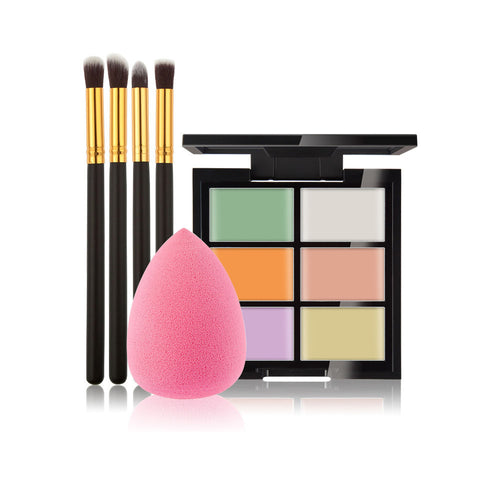 6-Color Concealer Primer +4 Black Gold Makeup Brush + Water Droplets Puff Cosmetic Tools maquiagem- J4U66
