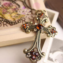 Jewelry Punk Cross Shape Pendant Necklace Vintage Bronze Champagne Crystal Rope Chain Necklace For Women Style J4U66